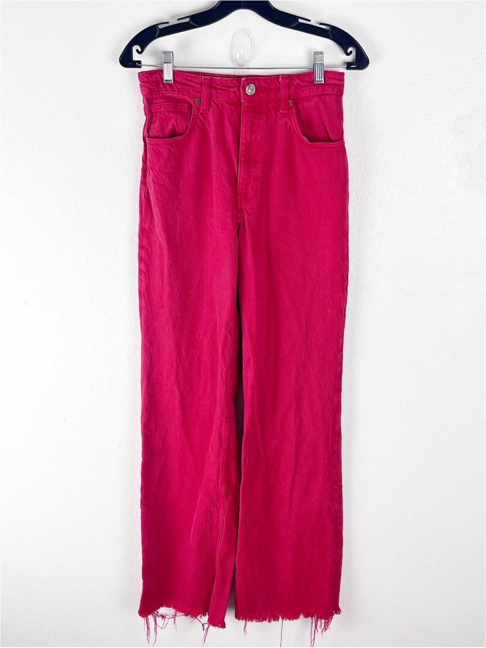 ZARA Red High Rise Wide Leg Raw Hem Denim Jeans Size 6 Boho Casual Festive